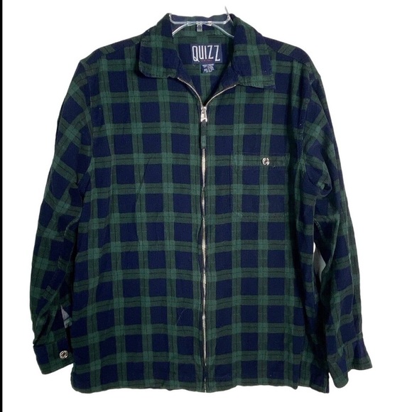 Vintage Jackets & Blazers - Vintage Quizz Blue Green Plaid Flannel Zip Shirt Jacket Women Medium 90s